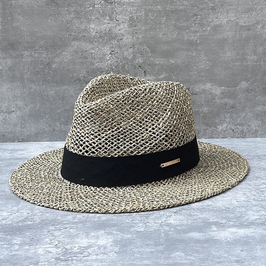 French retro sunshade salty grass hollow flat brim Panama hat