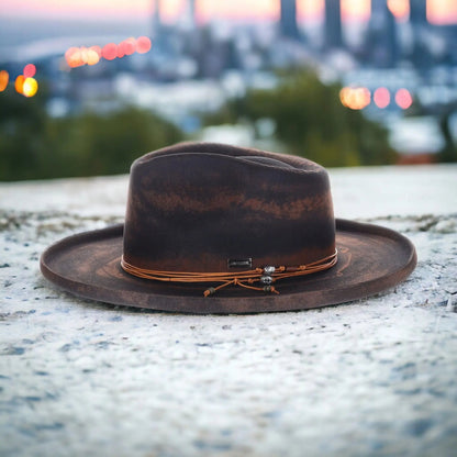 DapperFam Brownstone Distressed Wide Brim Wool Fedora