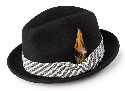 Pinch Front Fedora with Feather Accent in Black